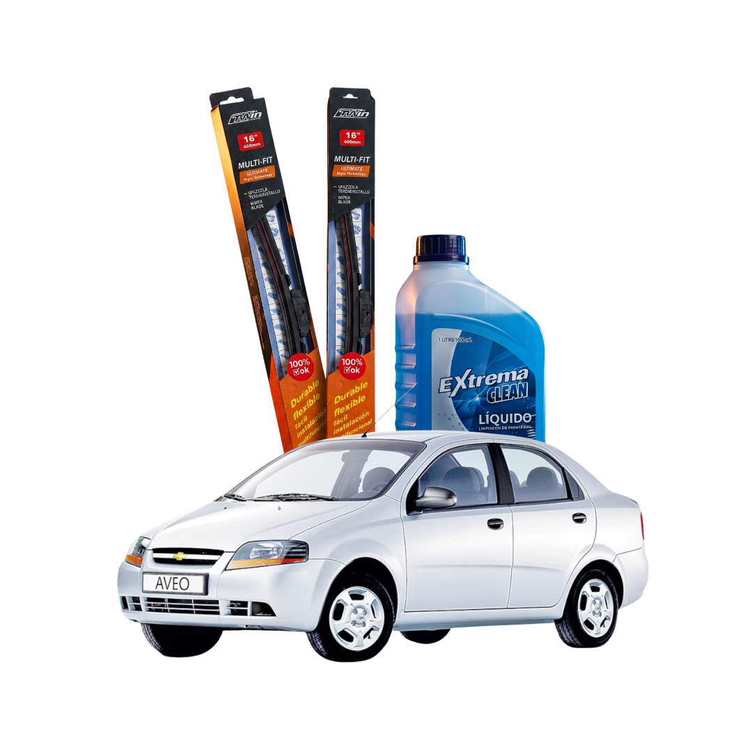 Kit Plumillas Limpiaparabrisas Chevrolet Aveo 22" y 16" (2006-2019) + Líquido Limpiaparabrisas