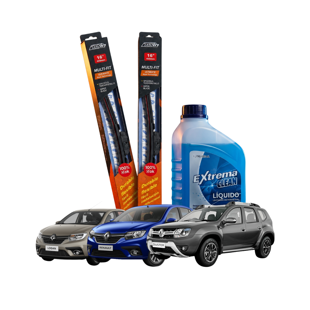 Kit Plumillas Limpiaparabrisas Logan / Sandero / Duster 19" y 22" (2016-2026) + Líquido Limpiaparabrisas